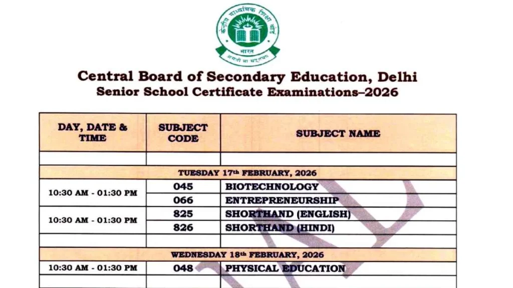 CBSE Class 12 Date Sheet 2026 Out, Download Official Time Table PDF